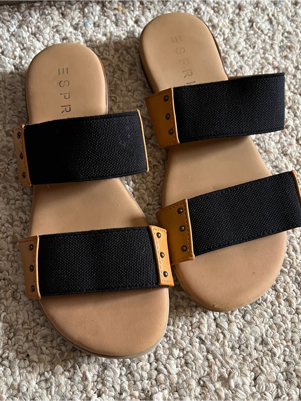 Esprit Summer Black/Brown Resortwear Elastic Flat Slide On Sandals Size 7.5